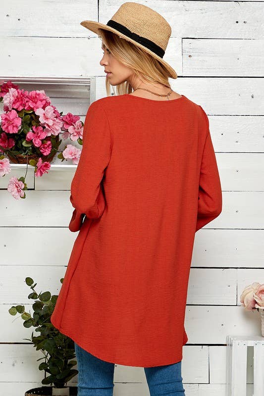 WOMEN V-NECK 3/4 SLEEVE HI-LOW BLOUSE RUST