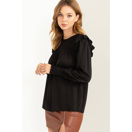 SMOCKED RUFFLE KEYHOLE LONG SLEEVE TOP/BLACK