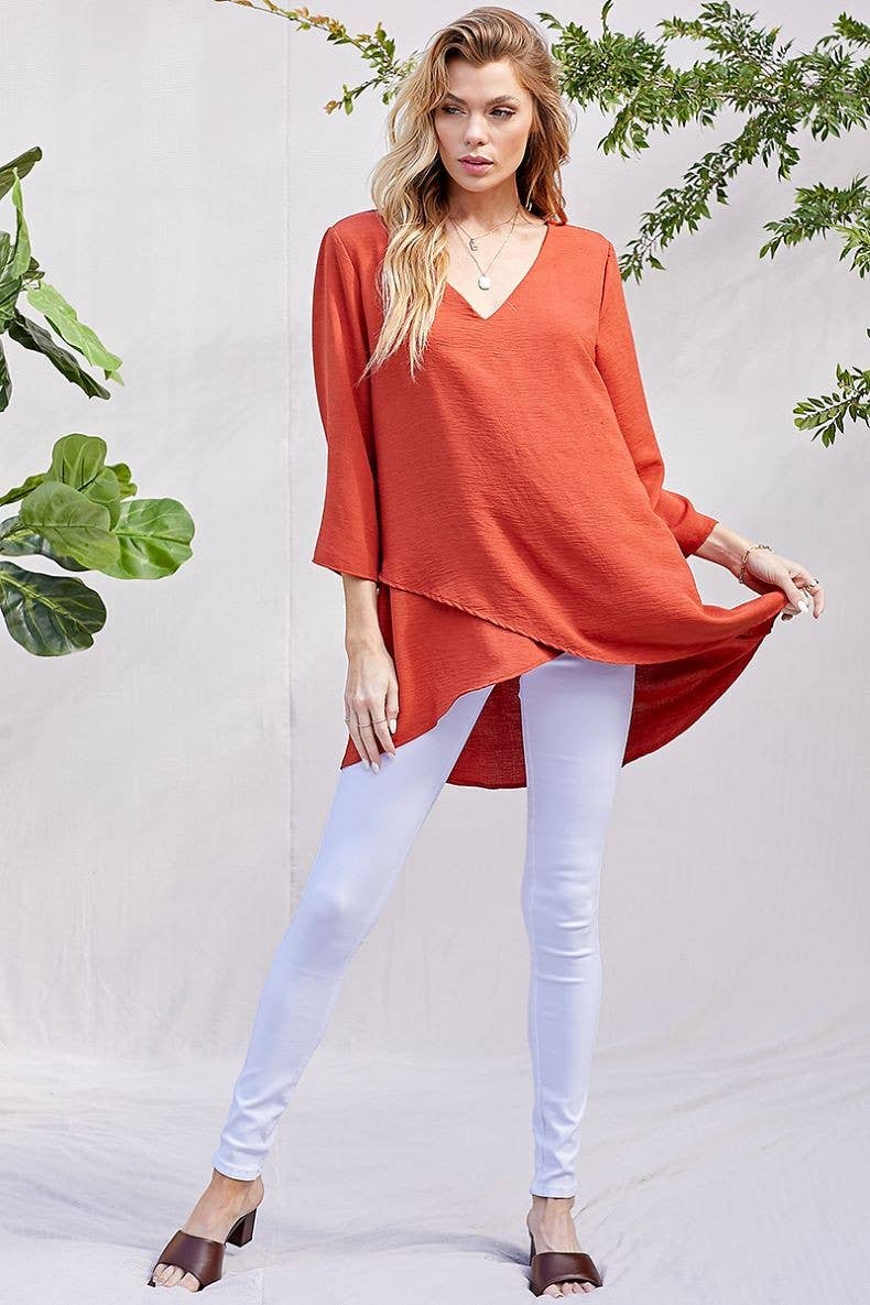 WOMEN V-NECK 3/4 SLEEVE HI-LOW BLOUSE RUST