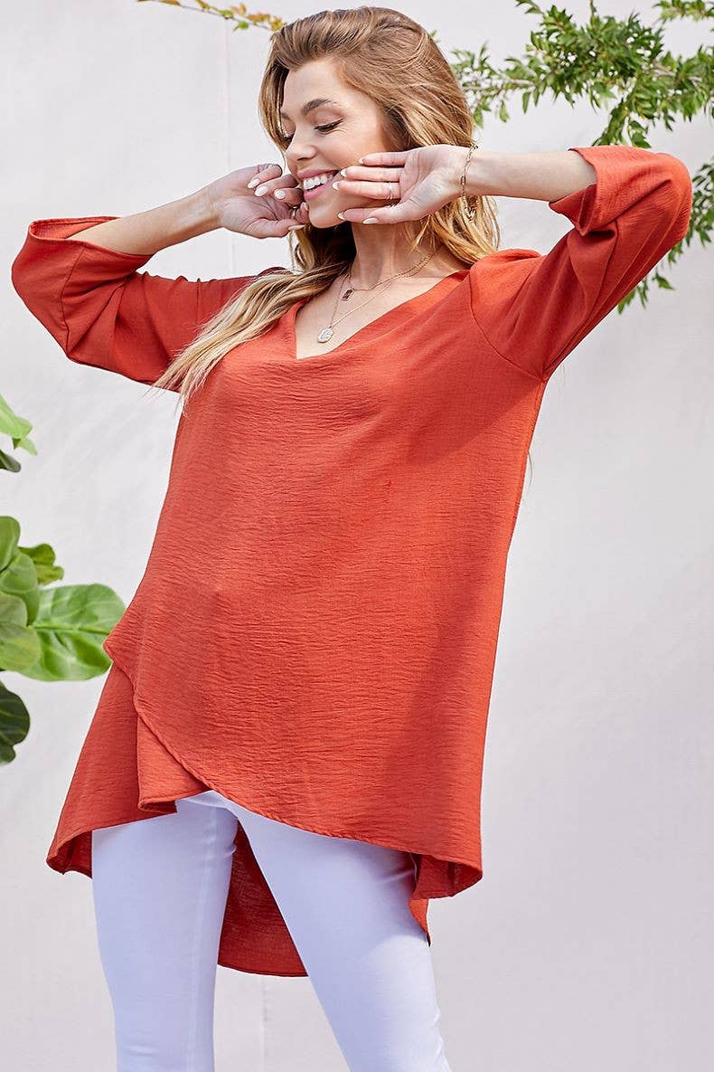 WOMEN V-NECK 3/4 SLEEVE HI-LOW BLOUSE RUST