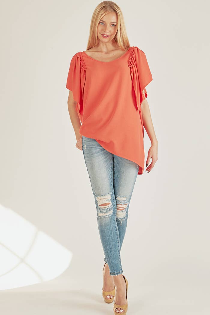 SPT5209 - WOMEN SOLID SHORT RUFFLE SLEEVE LOOSE FITTING TOP