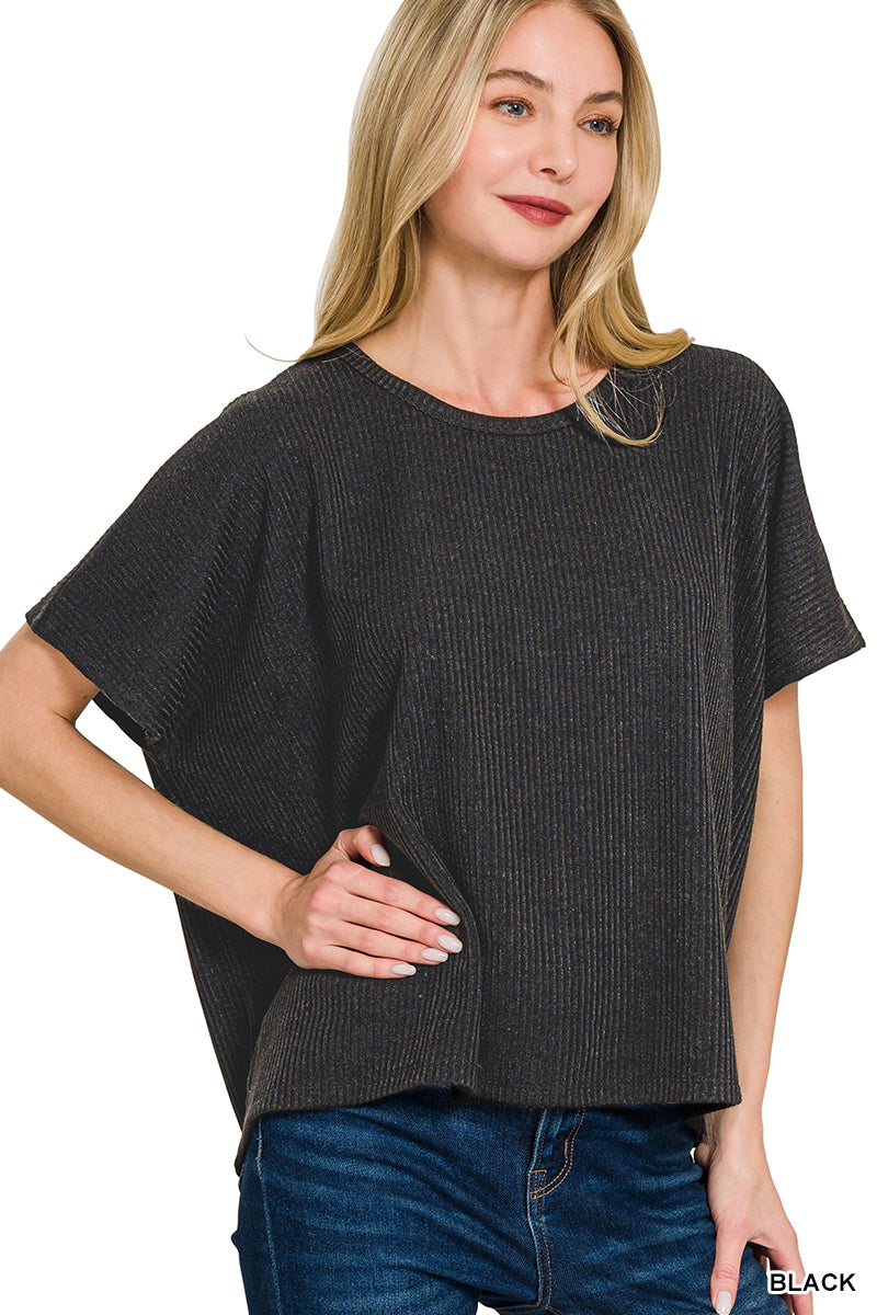 RIBBED ROUND-NECK SHORT-SLEEVE SWEATER