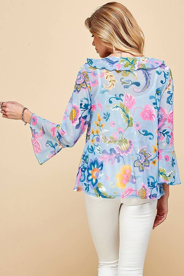 WOMEN MESH FLORAL TIE FRONT BELL SLEEVE TOP