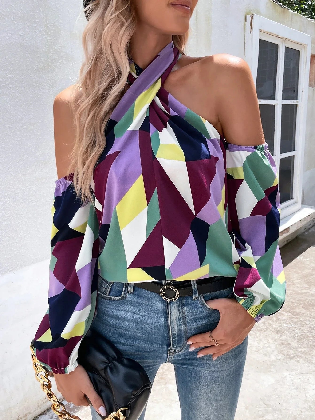 Geo Print Cold Shoulder Blouse - Small