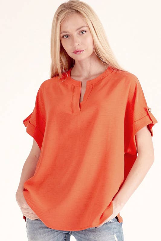 SPT5211 - WOMEN SHORT BUTTON SLEEVE FRONT SLIT LOOSE FIT TOP