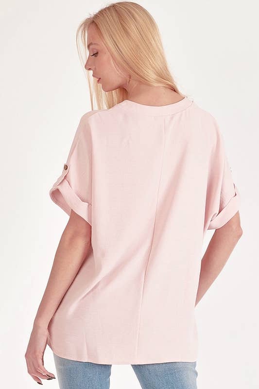 SPT5211 - WOMEN SHORT BUTTON SLEEVE FRONT SLIT LOOSE FIT TOP