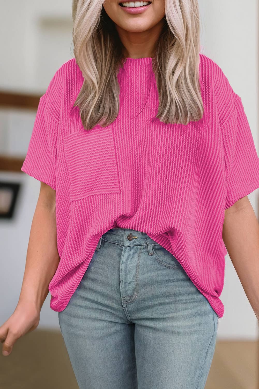 Women Solid Rib Chest Pocket Loose Fit Round Neck Top | S-XL
