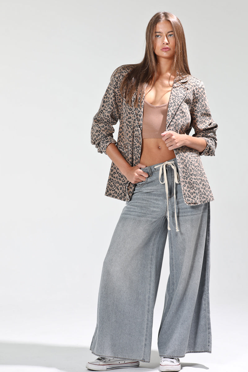 Waist strap included ombre dyed wide denim pants - Gray Denim