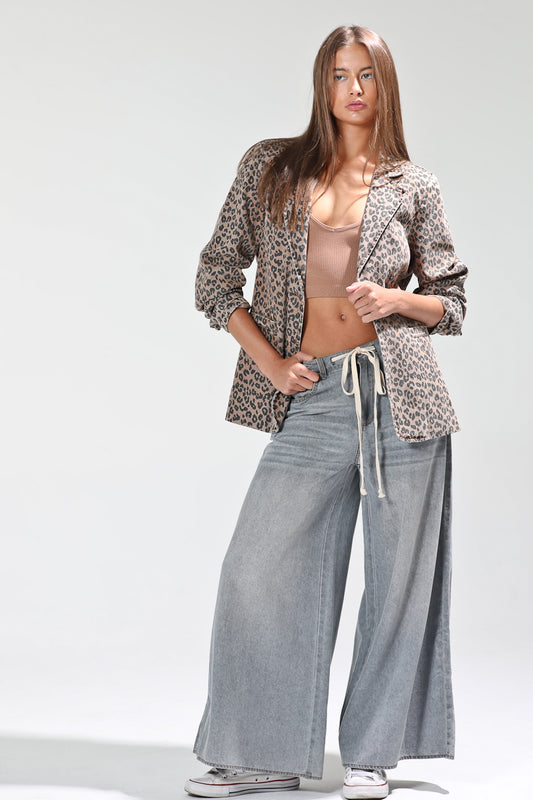 Waist strap included ombre dyed wide denim pants - Gray Denim