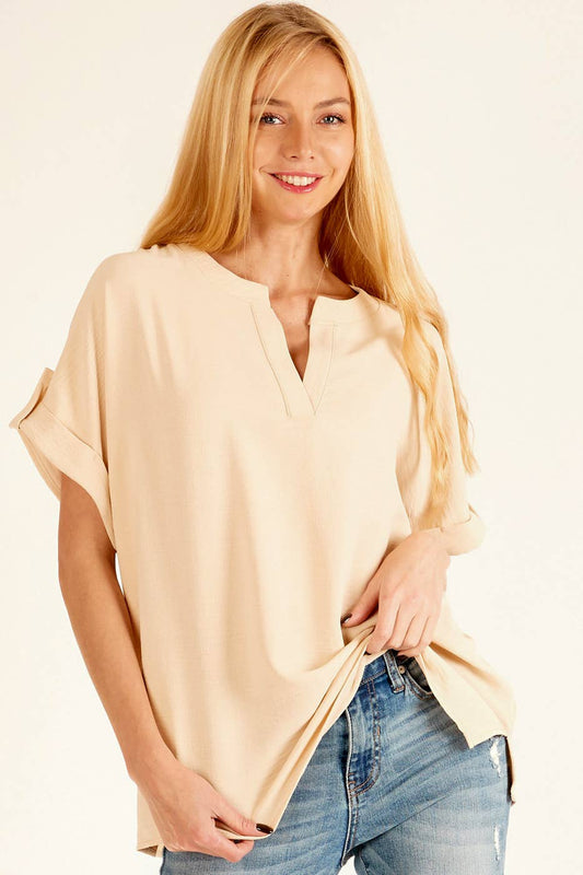 SPT5211 - WOMEN SHORT BUTTON SLEEVE FRONT SLIT LOOSE FIT TOP