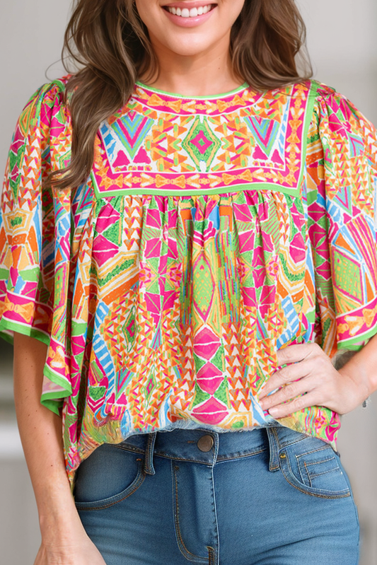 Women Fashion Geometric Print Loose Babydoll Blouse | S-XL