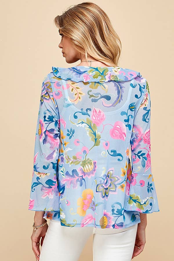 WOMEN MESH FLORAL TIE FRONT BELL SLEEVE TOP