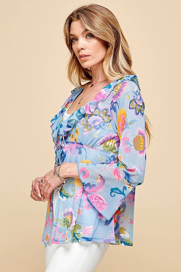 WOMEN MESH FLORAL TIE FRONT BELL SLEEVE TOP