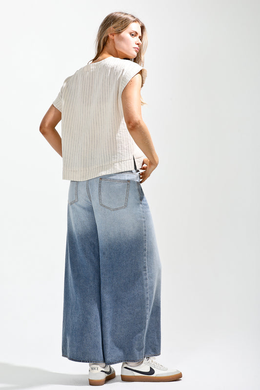 Waist strap included ombre dyed wide denim pants - Light Denim