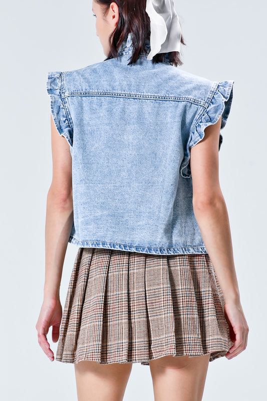 Ruffle hemming detail washed denim vest.- Light Denim