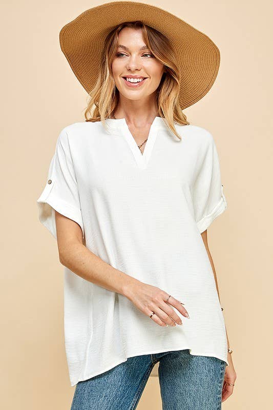 SPT5211 - WOMEN SHORT BUTTON SLEEVE FRONT SLIT LOOSE FIT TOP