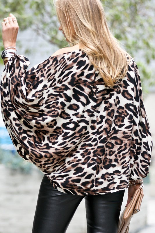 Leopard Printed Boat Neck Puff Sleeve Oversize Blouse
