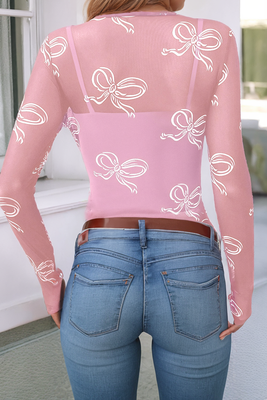 LDC Round Neck Bow Print Long Sleeve Mesh Top