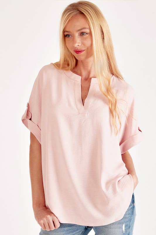 SPT5211 - WOMEN SHORT BUTTON SLEEVE FRONT SLIT LOOSE FIT TOP
