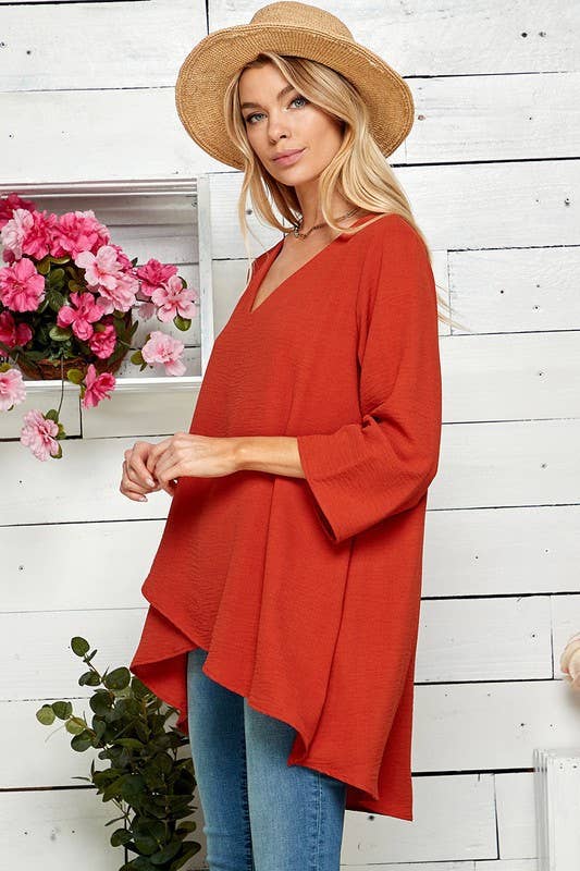 WOMEN V-NECK 3/4 SLEEVE HI-LOW BLOUSE RUST