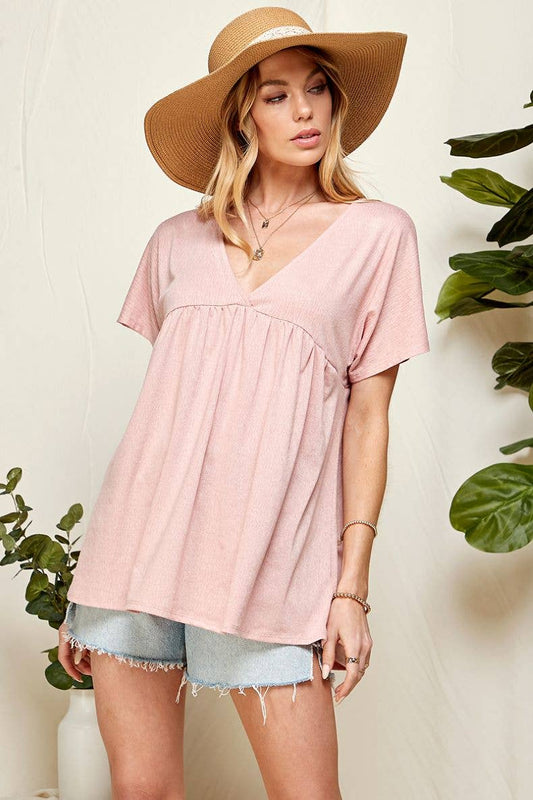 ST21043A - WOMEN SOLID SOFT V NECK BABY DOLL BLOUSE