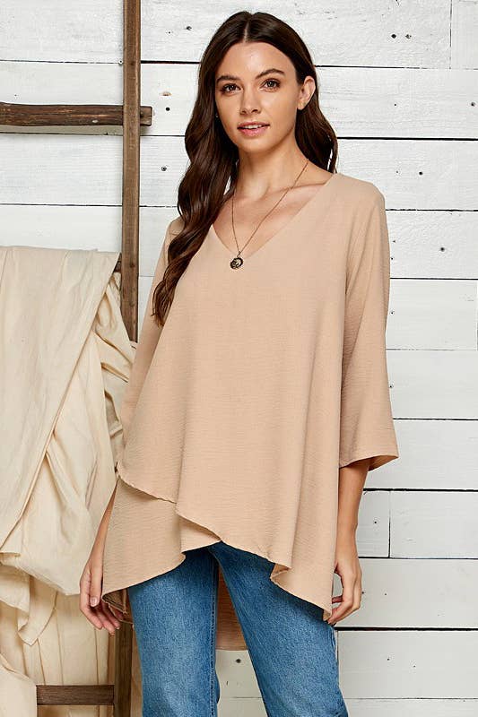 WOMEN V-NECK 3/4 SLEEVE HI-LOW BLOUSE RUST