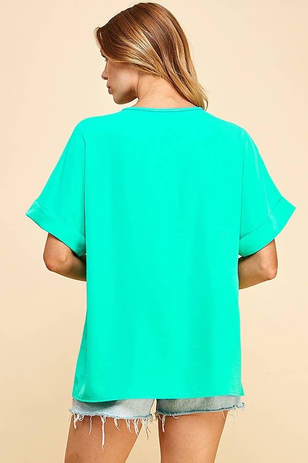 SPT5068. - WOMEN SOLID COLLARED SHORT SLEEVE LOOSE BOXY TOP