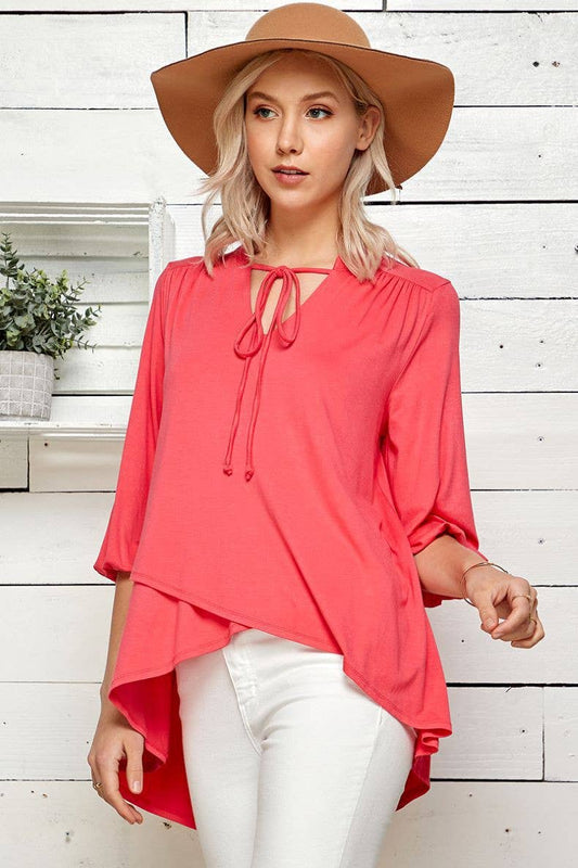 ST4061 - WOMEN SOLID COLLAR BAND WRAP TOP WITH TIE LACES