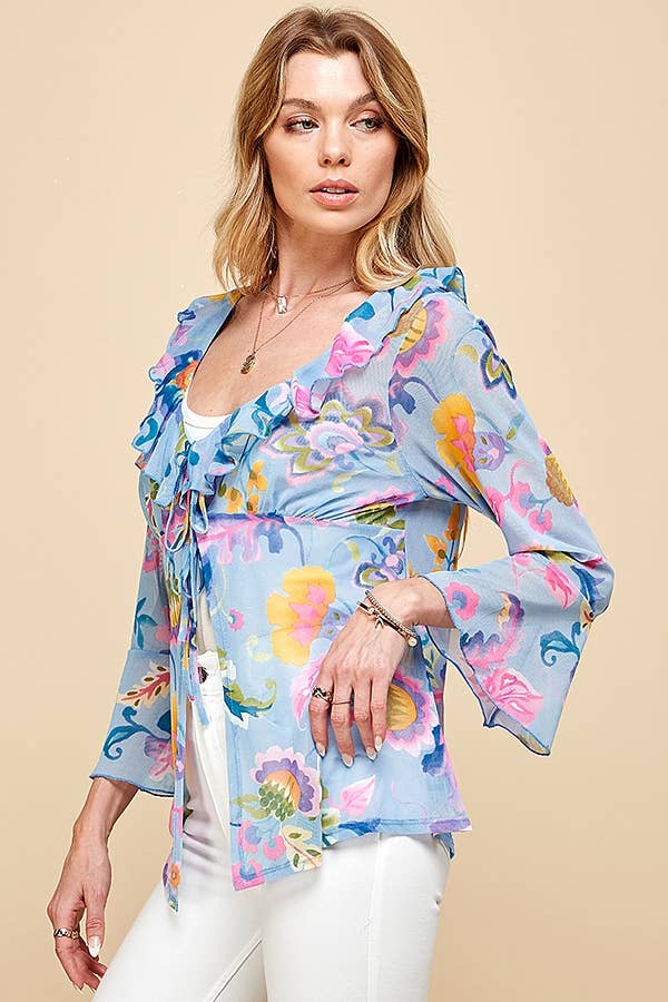 WOMEN MESH FLORAL TIE FRONT BELL SLEEVE TOP