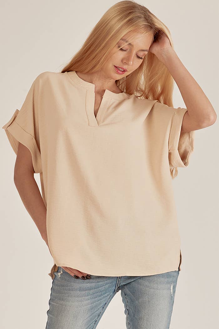 SPT5211 - WOMEN SHORT BUTTON SLEEVE FRONT SLIT LOOSE FIT TOP