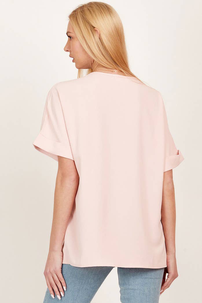 SPT5068. - WOMEN SOLID COLLARED SHORT SLEEVE LOOSE BOXY TOP