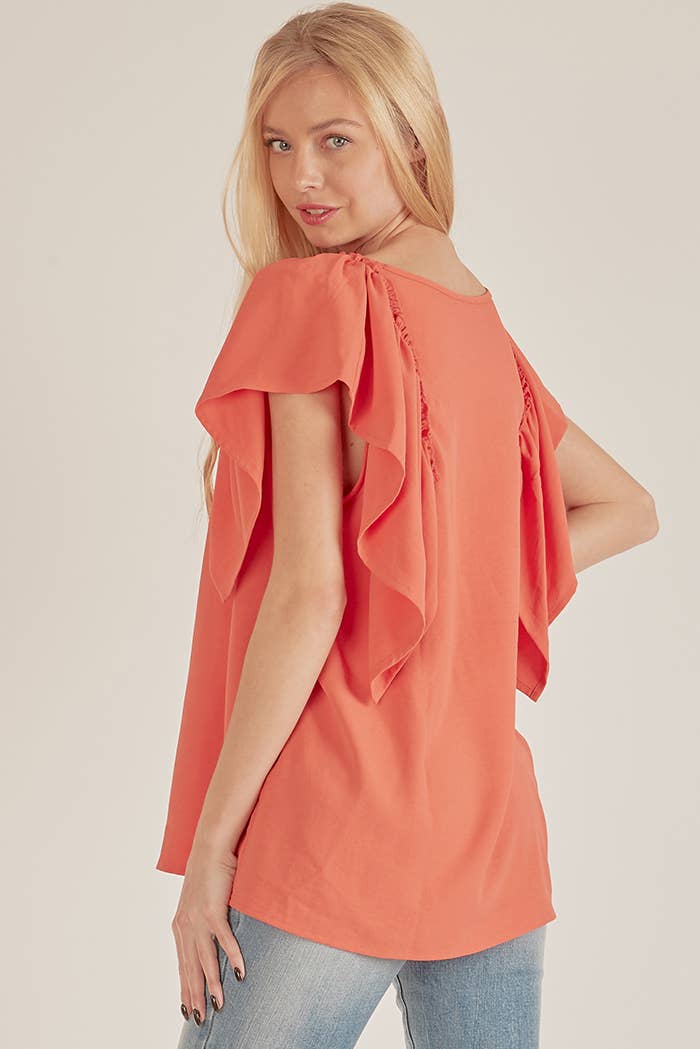 SPT5209 - WOMEN SOLID SHORT RUFFLE SLEEVE LOOSE FITTING TOP