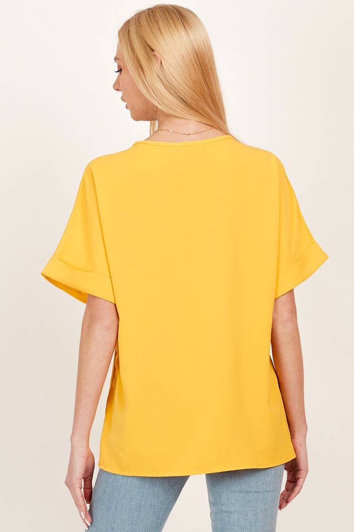 SPT5068. - WOMEN SOLID COLLARED SHORT SLEEVE LOOSE BOXY TOP