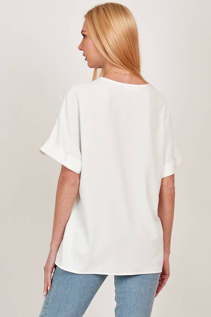 SPT5068. - WOMEN SOLID COLLARED SHORT SLEEVE LOOSE BOXY TOP