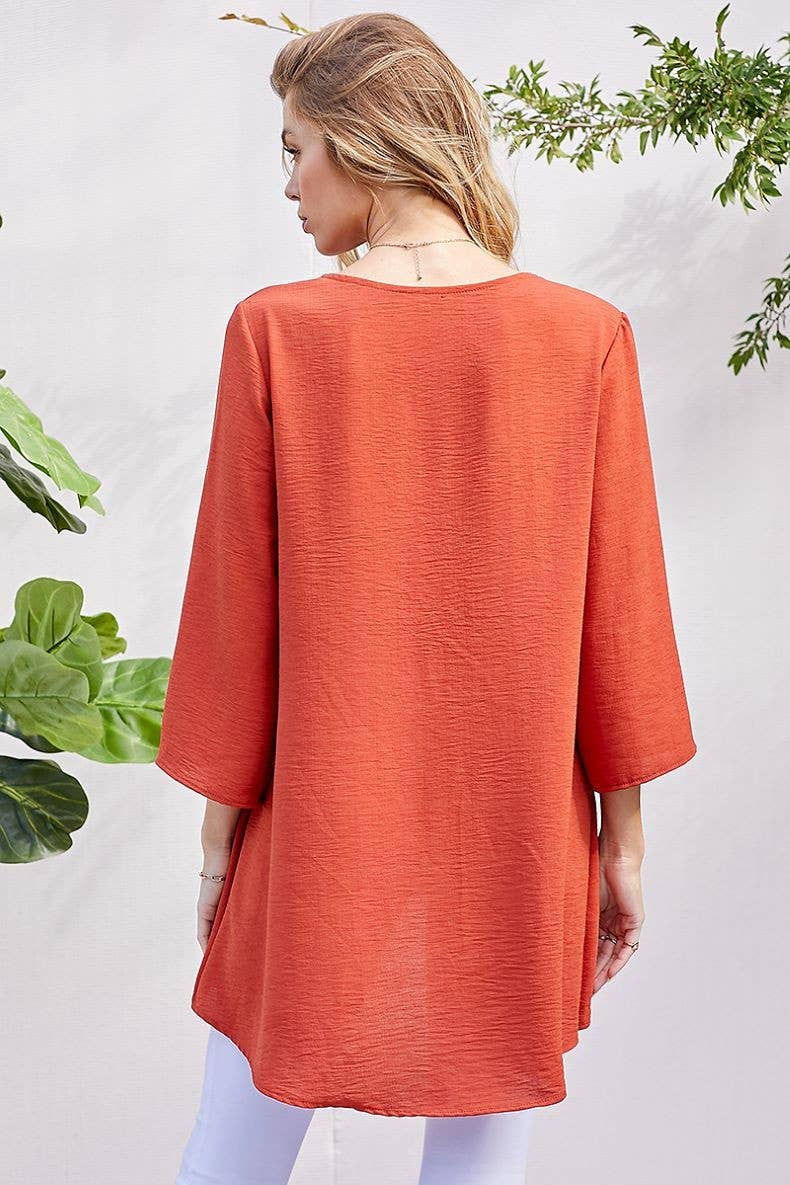 WOMEN V-NECK 3/4 SLEEVE HI-LOW BLOUSE RUST