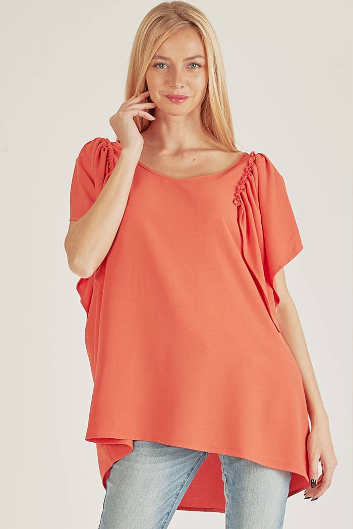 SPT5209 - WOMEN SOLID SHORT RUFFLE SLEEVE LOOSE FITTING TOP