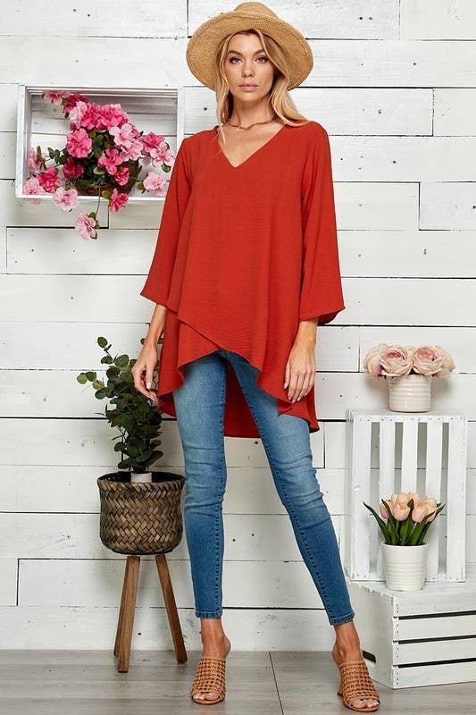 WOMEN V-NECK 3/4 SLEEVE HI-LOW BLOUSE RUST
