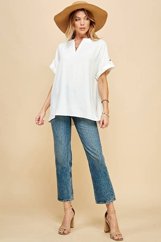 SPT5211 - WOMEN SHORT BUTTON SLEEVE FRONT SLIT LOOSE FIT TOP