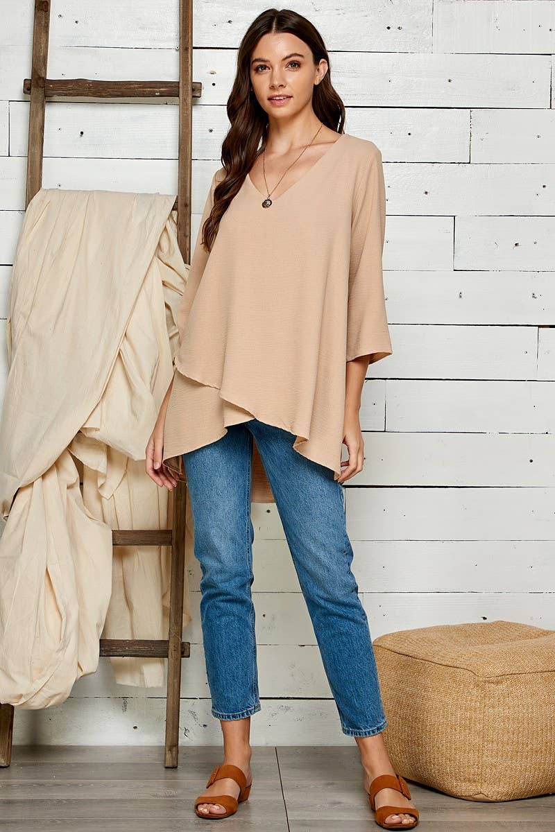 WOMEN V-NECK 3/4 SLEEVE HI-LOW BLOUSE RUST