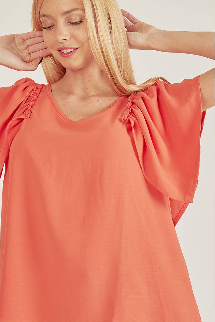 SPT5209 - WOMEN SOLID SHORT RUFFLE SLEEVE LOOSE FITTING TOP