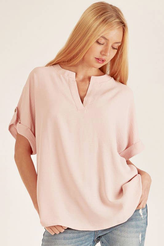 SPT5211 - WOMEN SHORT BUTTON SLEEVE FRONT SLIT LOOSE FIT TOP