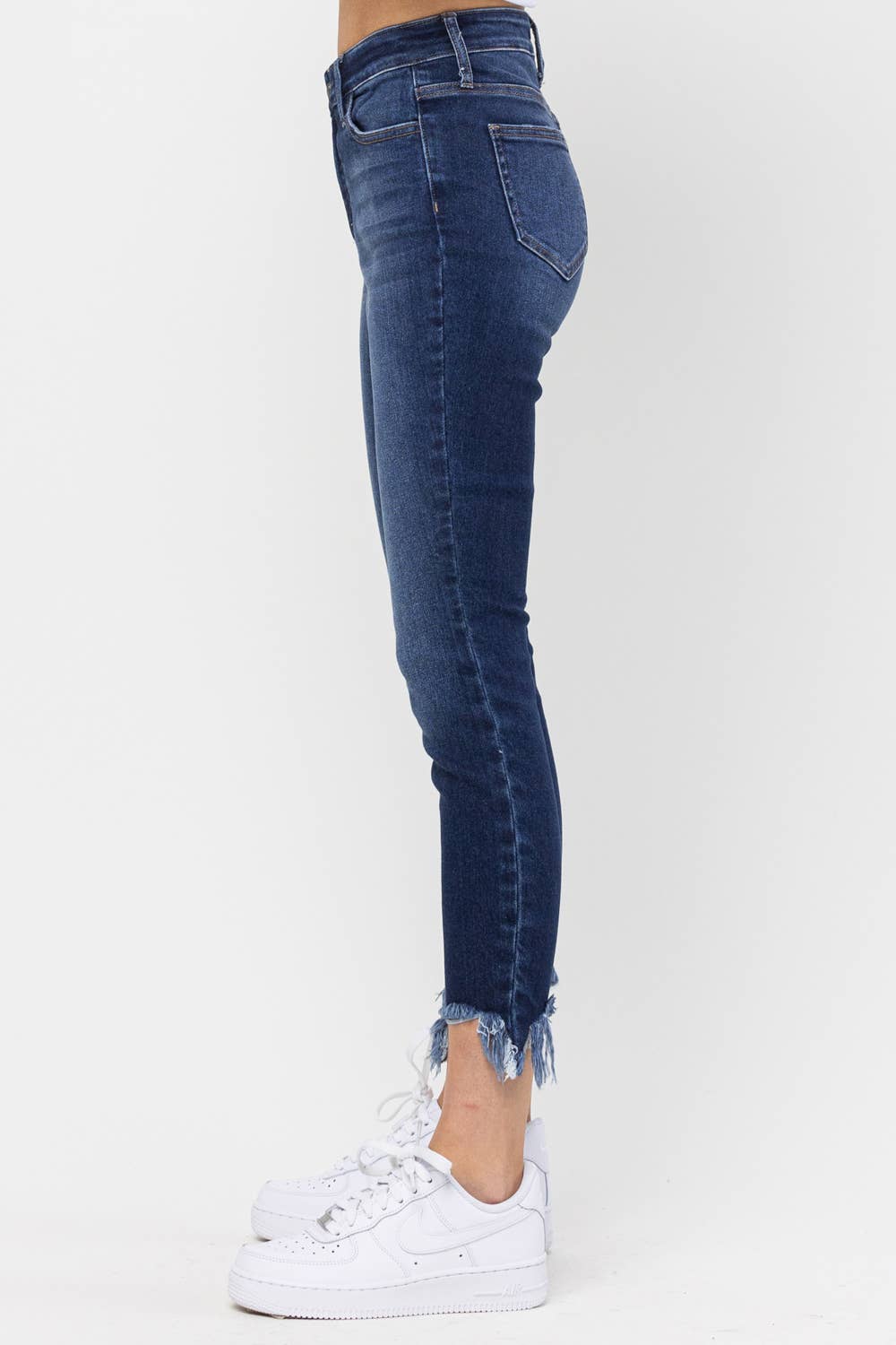 Mid Rise Chew Hem Skinny Jeans- Dark Wash