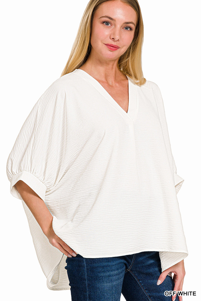 WHITE WOVEN AIRFLOW V-NECK PUFF HALF SLEEVE TOP