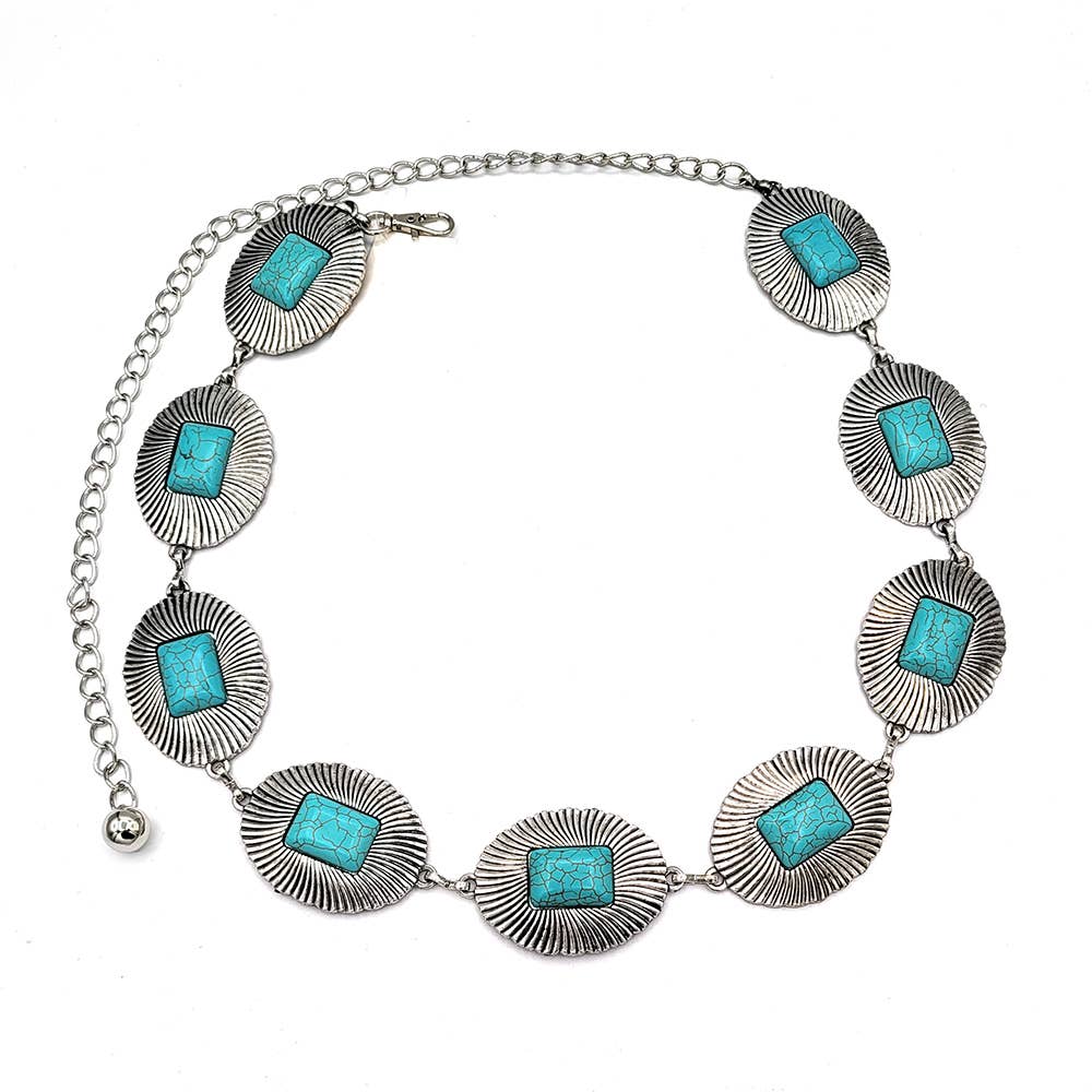 Western Fashion Turquoise Concho Oval Disc Chain Belt-SILVER