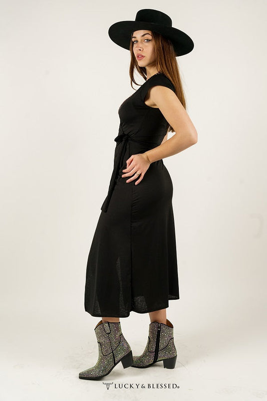 Black Cross Wrap Dress W V Neckline