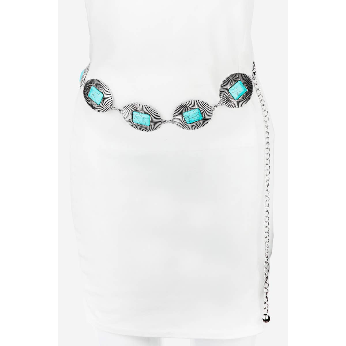 Western Fashion Turquoise Concho Oval Disc Chain Belt-SILVER