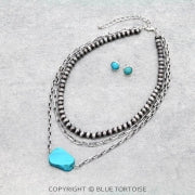 Western Turquoise Stone Slab with Pearl and Chain Layered Necklace Set