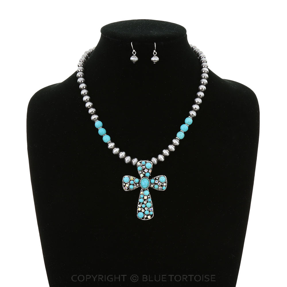 Western Cross with Stone Necklace Set
