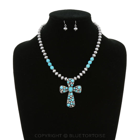 Western Cross with Stone Necklace Set