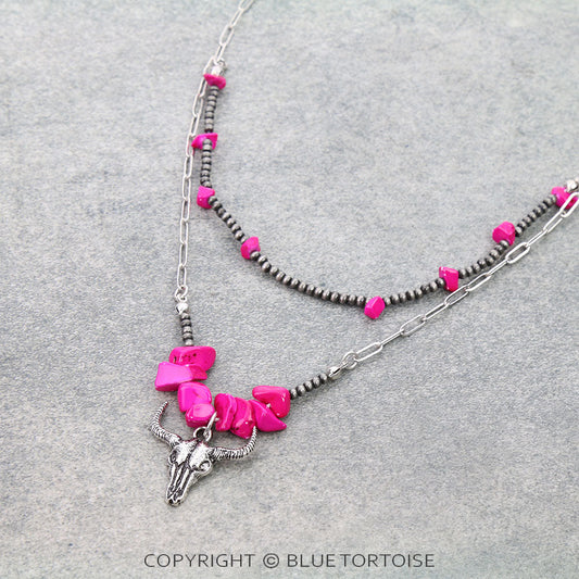 2 Layered Western Steer Skull Pendant Necklace/PINK